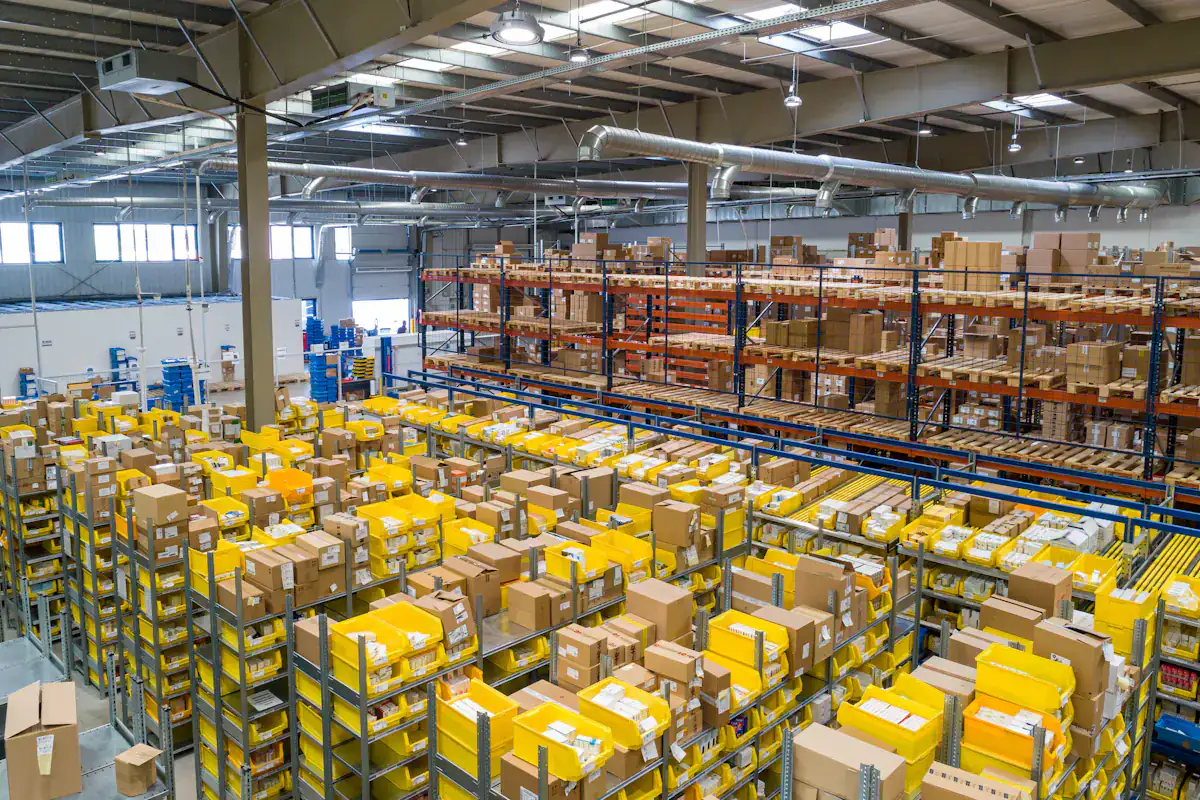 Warehouse aisles and stored inventory
