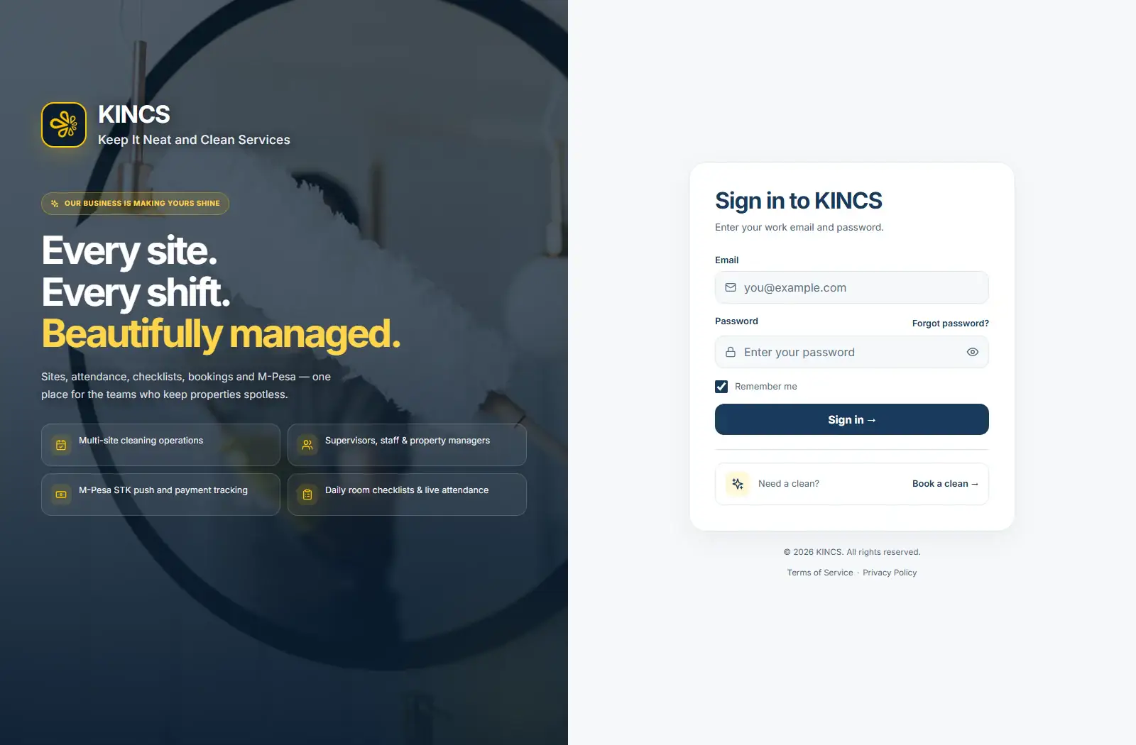 KINCS sign-in page with its multi-site cleaning operations overview
