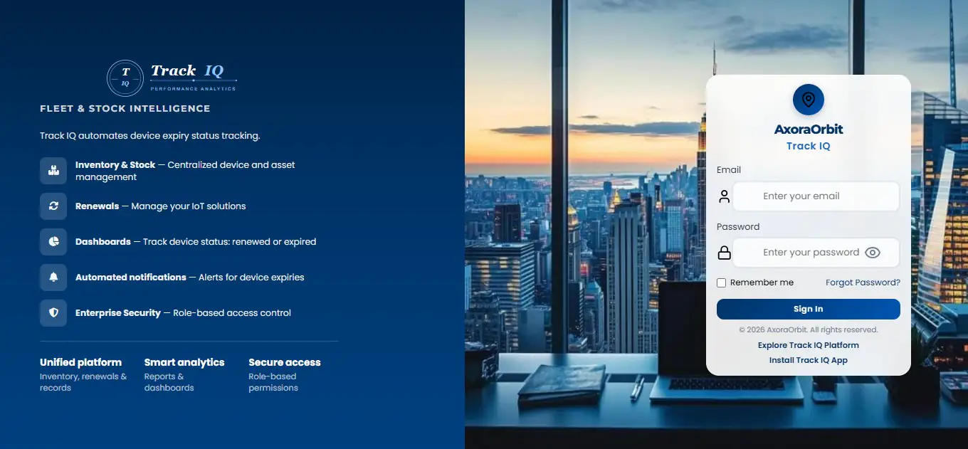 Track IQ sign-in screen by AxoraOrbit, listing inventory, renewals, dashboards and notifications